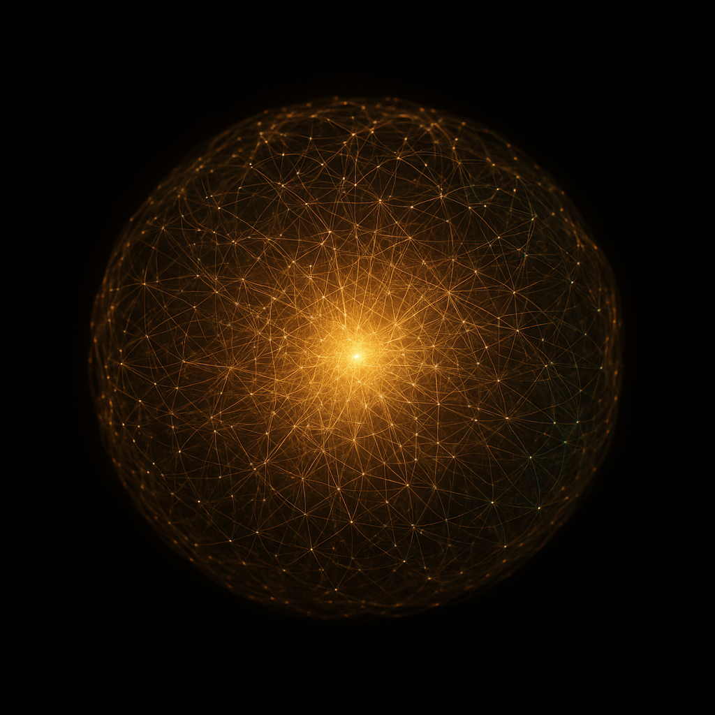 ATA Intelligence engine — a dense neural knowledge graph converging on a luminous core